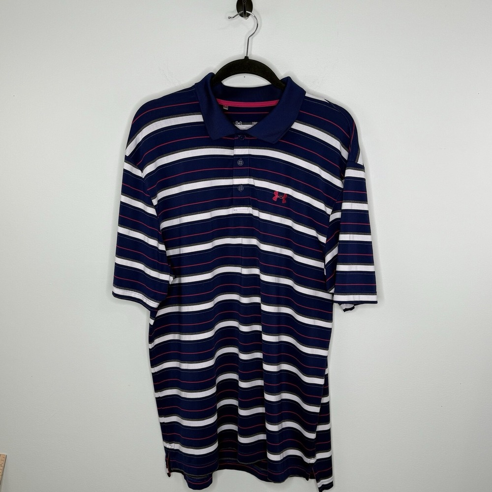 Under Armour Heatgear Golf Polo Shirt Loose Size Large Men's Blue Striped EUC
